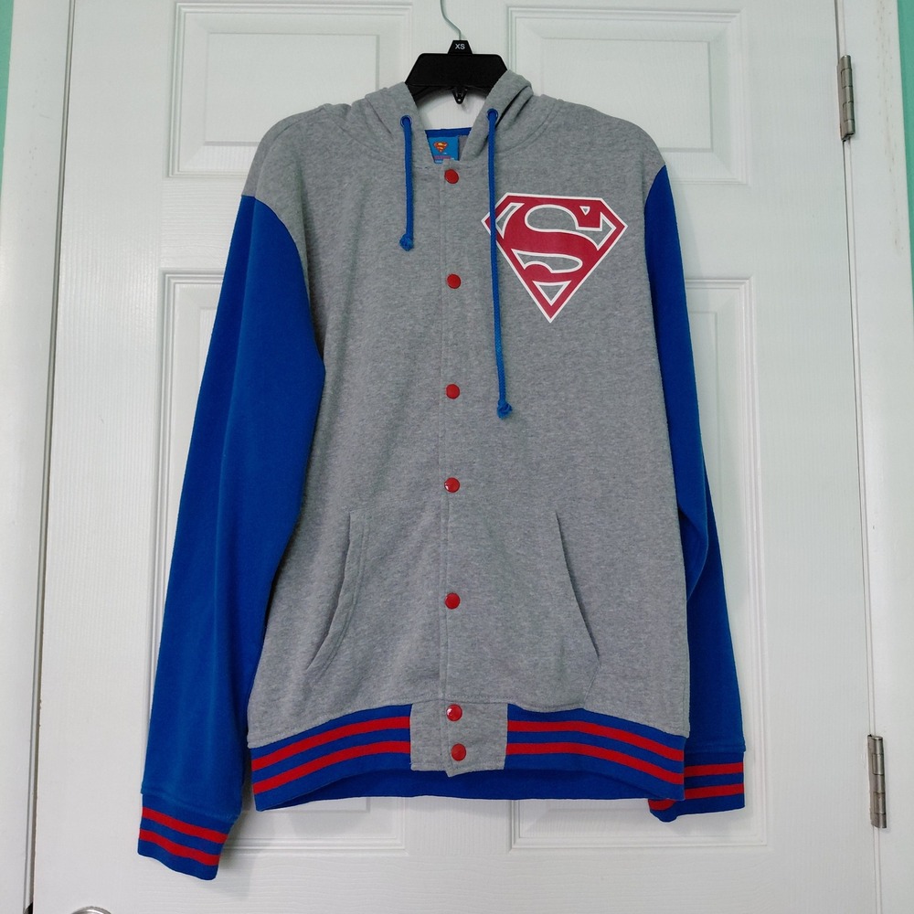 Superman DC Comics Varsity Jacket Mens XL Gray Blue Snap Front Hooded Sweatshirt